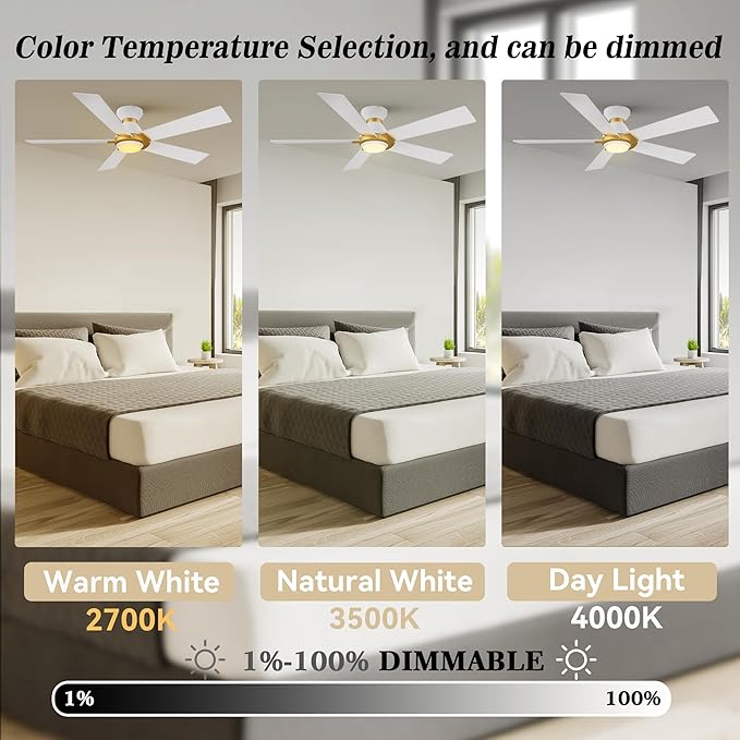 SMAAIR 52 Inch Smart Ceiling Fan with Light and Remote, Flush Mount Modern Ceiling Fan with lights,Compatible with Alexa/Google Assistant/Siri,Timer and Schedule,10 Speed DC Motor,White/Gold