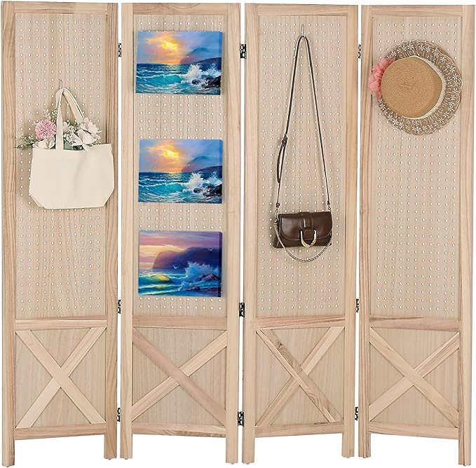 Wnutrees 4 Panel Pegboard Display, 5 Ft Wood Folding Privacy Screens Room Divider, Portable Freestanding Display Board for Craft/Art Shows, Retail, Events, Wall Organizer, Rustic Barnwood, Natural