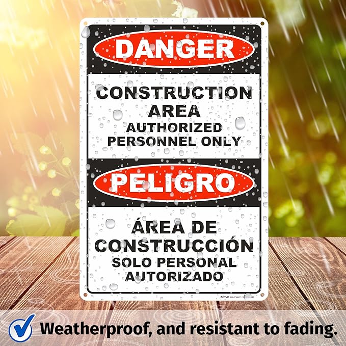 Brimar - 12" x 18" - Bilingual Danger Construction Area Authorized Only Sign - .063″ White Rust-Free Aluminum - Bold Text And Symbol - Easy Installation