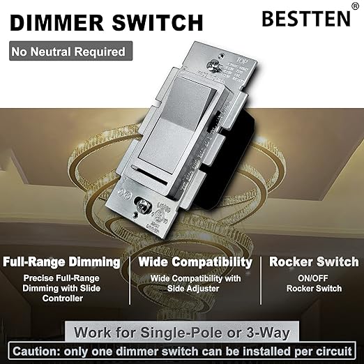 BESTTEN Matte Silver Dimmer Light Switch, Single Pole or 3-Way, Compatible with Dimmable LED, CFL, Incandescent and Halogen Bulb, 120VAC, Signature Collection Series, UL Listed