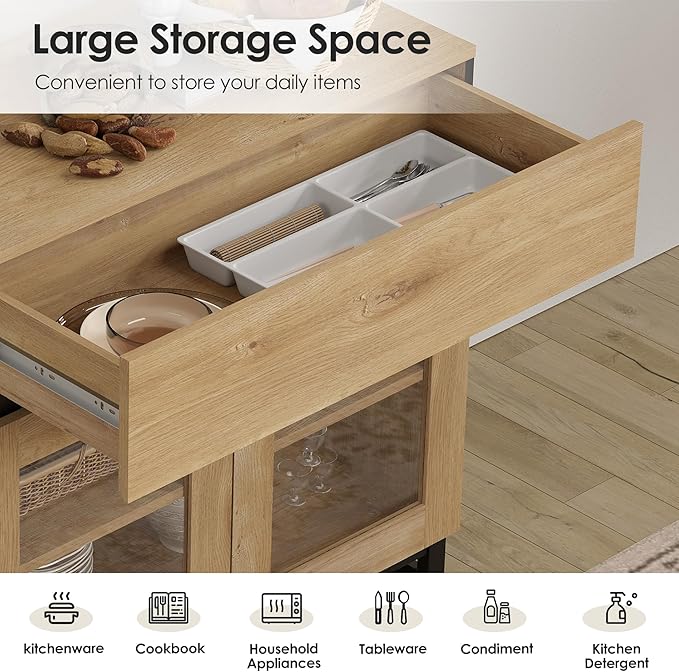 WAMPAT Modern TV Stand for TVs up to 120 inch, 4 in 1 TV Console with Glass Doors and 2 Drawers, Entertainment Center with Adjustable Shelf for Living Room, Bedroom, Oak