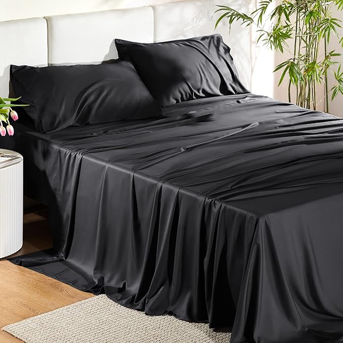 Bedsure California King Sheet Sets, Cooling Sheets for Hot Sleepers, Rayon Derived from Bamboo, Breathable & Soft, Deep Pocket Up to 16 Inches, Hotel Luxury Silky Bedding, Black