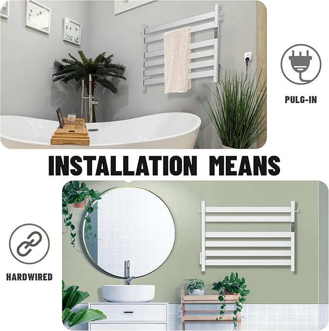 K&KALONZO Towel Warmer for Bathroom, Wall-Mounted 6-Bar Heated Towel Rack with Built-in Timer, Waterproof Electric Towel Heater, Support Plug-in and Hardwired, Brushed, EL18M