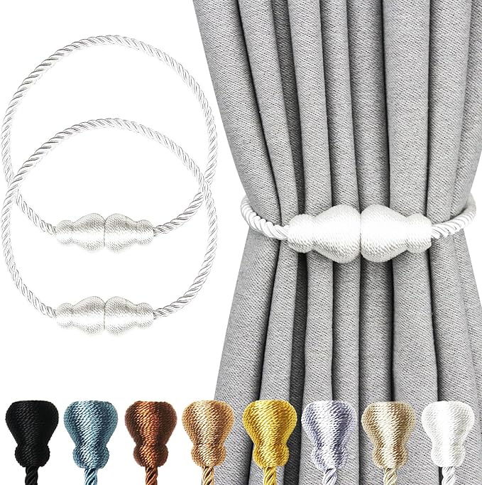 Nieffeiy Magnetic Curtain Tiebacks 2Pack Outdoor Curtain Tie Backs Rope Decorative Magnetic Curtain Holders for Drapes Window Treatment Holdbacks, White