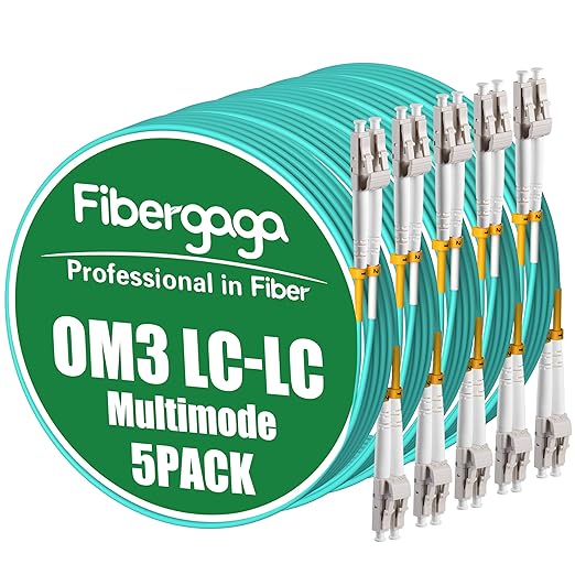 Fibergaga 5Pack-0.5M(1.6ft) OM3 LC to LC Fiber Patch Cable, Multimode 50/125µm 10G/40G, OD-2.0mm Fiber Optic Cable Duplex