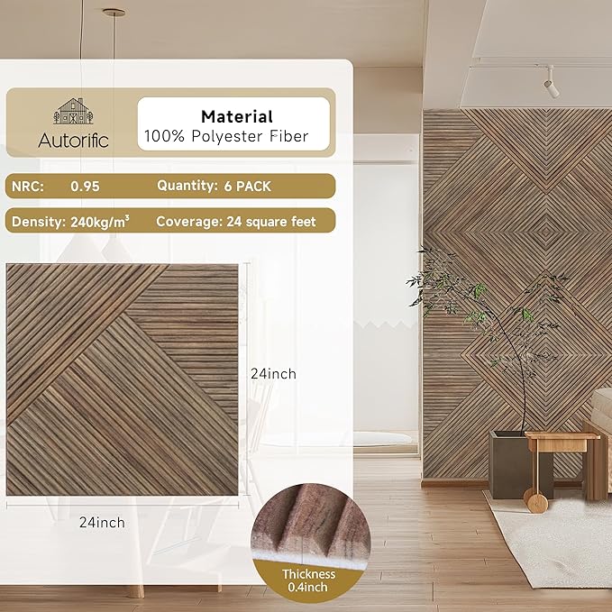 Autorific Acoustic Wall Panels,6 Pack Total Size 72 x 48 Inches,Self-Adhesive Decorative Acoustic Panels for Wall and ceiling,3D UV Printing with Wood Look,Natural Walnut