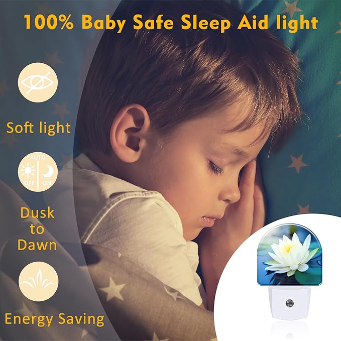 sndheke White Lotus Flower Night Light Plug into Wall, Beautiful Lotus in Pond Dusk to Dawn Night Light Plug in,0.5w Energy Saving Sleep Friendly NightLight for Kids Boys Girls Home Decor