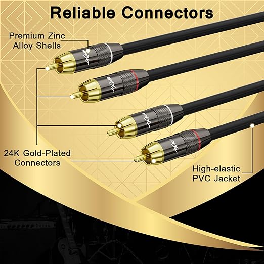 RCA Cable 15 FT, 2RCA to 2RCA Stereo Audio Cable, 【Zinc Alloy Shells, Oxygen-Free Copper, Gold-Plated Plugs】2 RCA Audio Adapter Cord, for Home Theater, HDTV, Amplifier, Hi-Fi System, Car, Speaker
