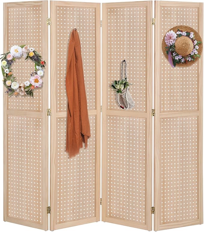Bonnlo 4 Panel Pegboard Freestanding, 5 FT Portable Display Board Organizer for Craft Show Jewelry, Wooden Folding Privacy Screen Room Divider (Without Base, Natural)