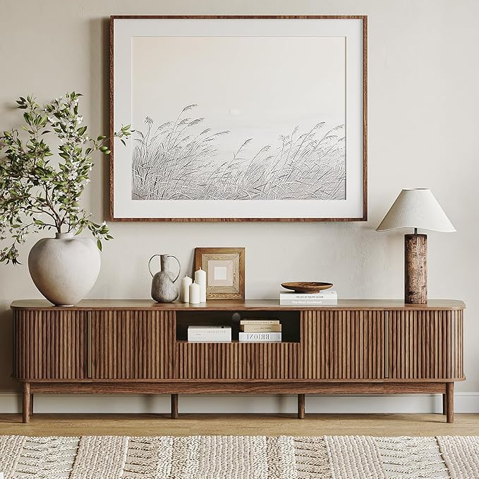 CHUWELL 86.6'' Fluted TV Stand for 75/80/85 Inch TVs, Mid Century Modern Entertainment Center with Large Storage Space & Open Shelves, Walnut TV Console with Sliding Doors for Living Room, Bedroom