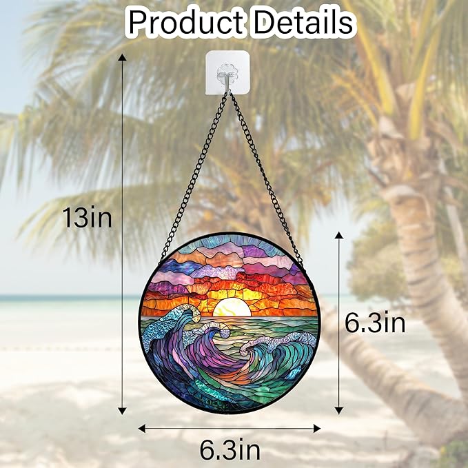 DASTOLL Stained Glass Window Hanging, Clouds and Sea Waves Suncatcher Diamond Glass Panel Hangings Scenery Sun Catchers Decor for Birthday for Women, Men, Wife, Aunt, and Mom 6.3 in