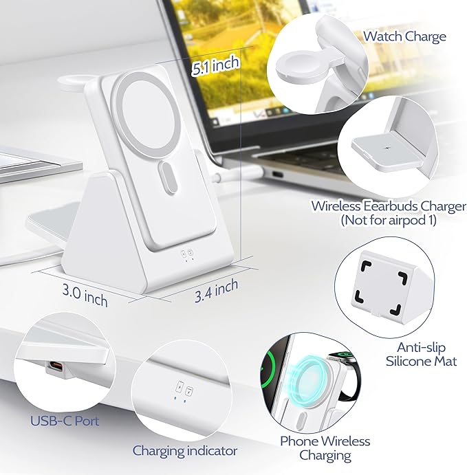 Smtcsl 3-in-1 Wireless Charging Station: Portable 10000mAh Power Bank Charger Compatible for Phone Air/17/16/15/14/13/12 Series and Watch - Detachable Magnetic Charging Stand White
