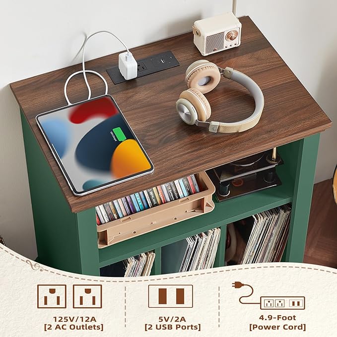 Joaxswe Record Player Stand with Charging Station Up to 200 Albums, 24" Wide Mid-Century Record Player Table with Vinyl Record Storage,Large Wood Turntable Stand Dispaly Cabinet for Living Room,Green