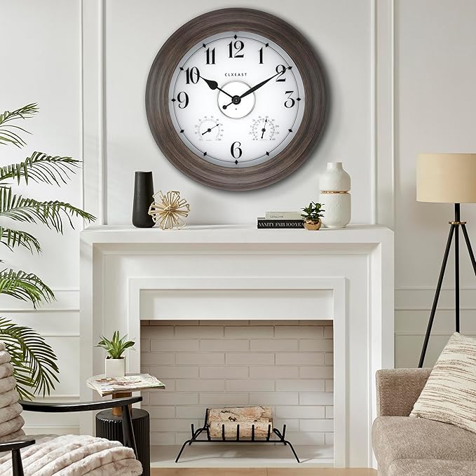CLXEAST 24 Inch LED Illuminated Outdoor Clocks Waterproof with Thermometer & Hygrometer, Large Lighted Metal Wall Clock with Smart Night Light Sensor,Grey Oak Finish,House Warming Gifts New Home