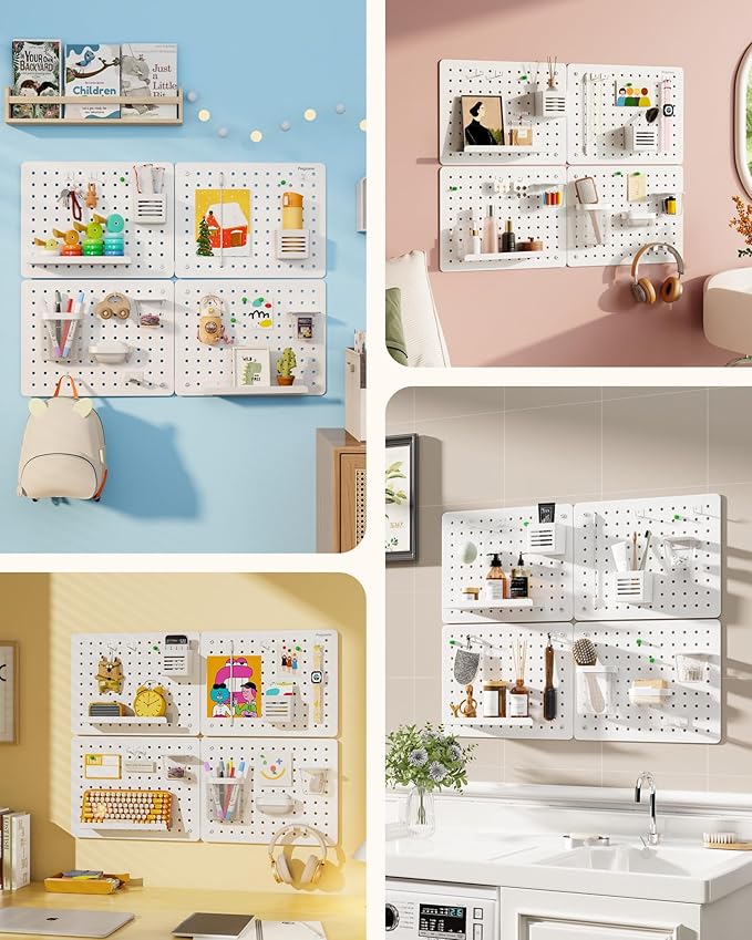 PEGZONE Pegboard Wall Organizer Combination Kit,Overall 33.1"x25.4" Metal Office Pegboard with 21 Accessories, Wall Mounted Peg board Display Panels for Home, Gaming Room, Garage (4Pcs,White)
