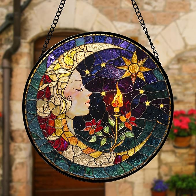 DASTOLL Stained Glass Window Hanging, Moon Goddess Torch Suncatcher Diamond Glass Panel Hangings Dream Sun Catchers Decor for Birthday for Women, Men, Wife, Aunt, and Mom 9.8 in