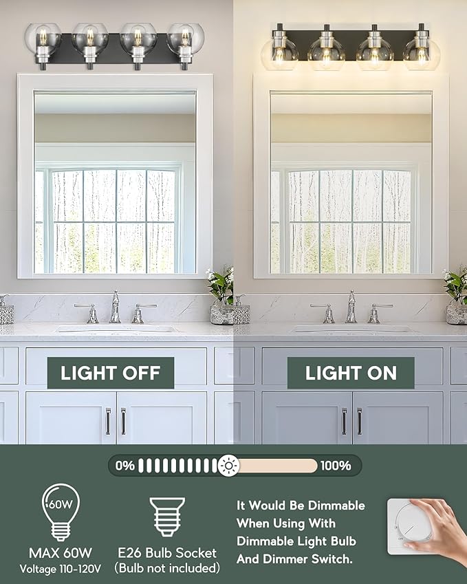 METWET Bathroom Light Fixtures, 4-Light Black and Brushed Nickel Bathroom Vanity Light, 26 Inch Modern Wall Sconces with Globe Clear Glass Shade, Vanity Lighting Fixtures Over Mirror, VL195-KN-4