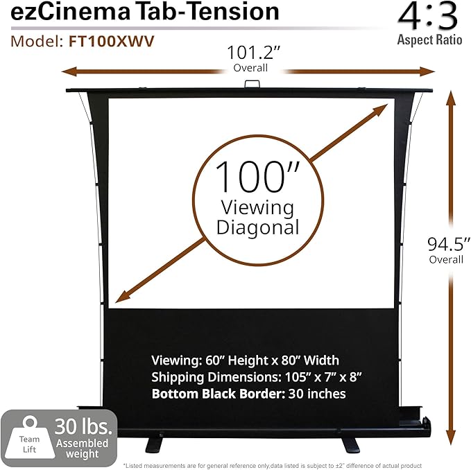 Elite Screens ezCinema Tab-Tension, 100" Portable Floor Rising Projector Screen, 4:3, Tab-Tensioned Scissor-Backed, Manual Pull Up Projection Screen + Carry Bag, Home Office Classroom, Black- FT100XWV