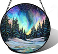 DASTOLL Stained Glass Window Hanging, Aurora Landscape Sun Catchers Glass Panel Green Trees Suncatcher Decor for Birthday for Women, Men, Wife, Aunt, and Mom 11.8x11.8 in