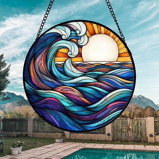DASTOLL Stained Glass Window Hanging, Big Wave Sun Suncatcher Diamond Glass Panel Hangings Abstract Sun Catchers Decor for Birthday for Women, Men, Wife, Aunt, and Mom 14.9x14.9 in