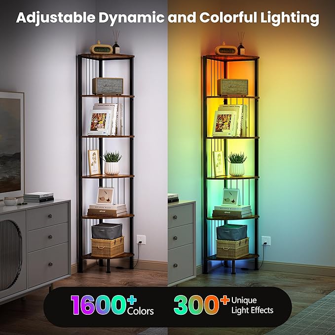 MonaSixy 6 Tier Corner Shelf with Light, Music Synic 60000 DIY LED Color Smart Remote Tall Display Shelves Corner Shelf Stand Bookshelf Wood Rack Metal Frame for Living Game Room Bedroom, Rustic Brown