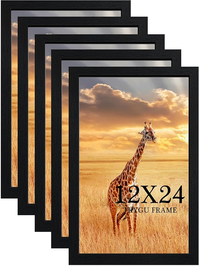 TKYGU 12x24 Picture Frame Set of 5,Wooden Frame 12x24 Wall Gallery Poster Photo frame Black with Durable Shatter Resistant Plexiglass for Wall Mounting 12 by 24 Photos Posters frame -wedding best gift