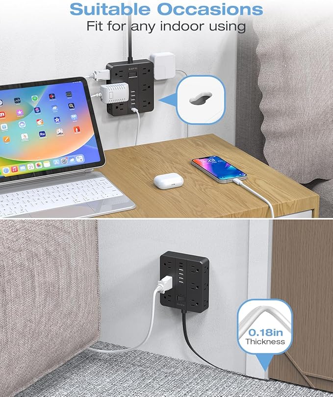 AOFO 15FT Surge Protector Power Strip,12 AC Outlets with 6 USB Ports (2 USB-C), Flat Plug Extension Cord with Multiple Outlets, Wall Mount for Home Office,Dorm, Black