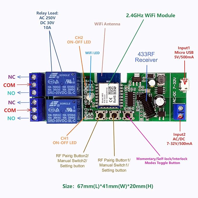 Newgoal 2 channelsWiFi Wireless Smart Switch Inching Self-locking Relay Module, be applied to access control Tuya SmartLife APP,DIY WIFI Garage Door Opener With 433 MHz RF remote control