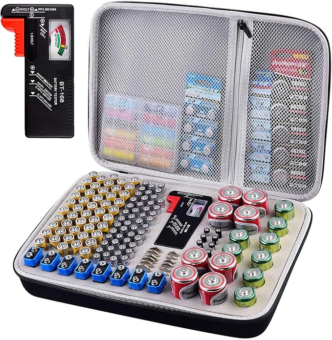 Battery Organizer Storage Holder Case Box with Tester Checker BT-168. Holds 225 Batteries AA AAA C D Cell 9V 3V Lithium (Yellow)