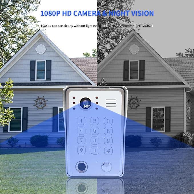 Wired Video Door Phone Kit Apartment Intercom System,10 Inch Touch Screen Monitor(Silver)with 1080P HD Doorbell Camera,Supporting Motion Detecting 5 in 1 Unlcking (1 Doorbell + 2 Monitor)