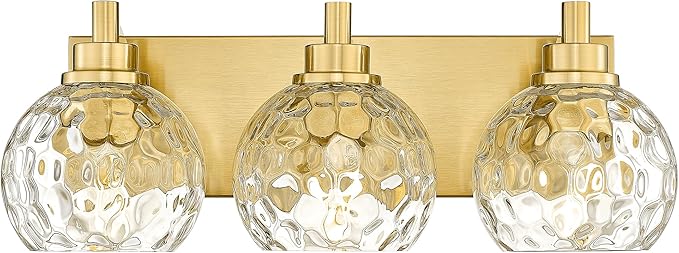 METWET Bathroom Light Fixtures Over Mirror, 3-Light Brushed Gold Vanity Light with Clear Hammered Glass Globe Shade, Modern Sconces Wall Lighting Bedroom Hallway, VL200-BG-3
