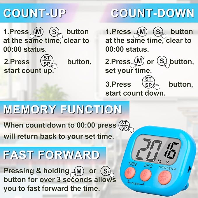 ZILLEEN Classroom Timer for Kids Teachers 4 Pack Digital Timers, Blue & White