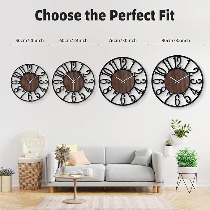 Casaformia 30'' Large Silent Wall Clock with Night Light, Glow in The Dark Decorative Wall Clock Battery Operated, Rustic Modern Metal & Wood Clocks for Bedroom Living Room Decor, Arabic Numerals