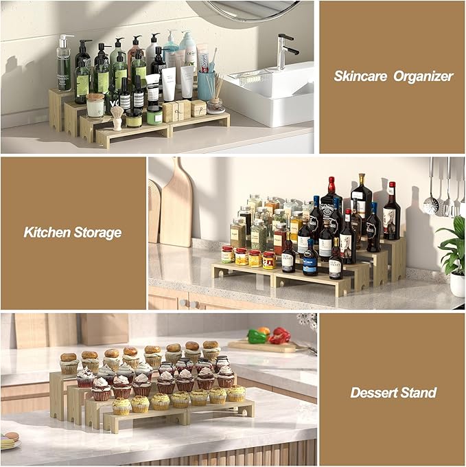 2 Set Large Wooden Tiered Riser Display Stands for Vendor Events,Stackable Perfume Organizer Cologne Stand for Men Women,Wooden Cupcake Dessert Stand,Wood Dessert Table Display Set,Food Display Risers for Party（12-11.2-10.4-9.6IN）