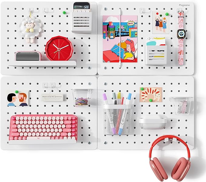 PEGZONE Pegboard Wall Organizer Combination Kit,Overall 33.1"x25.4" Metal Office Pegboard with 21 Accessories, Wall Mounted Peg board Display Panels for Home, Gaming Room, Garage (4Pcs,White)