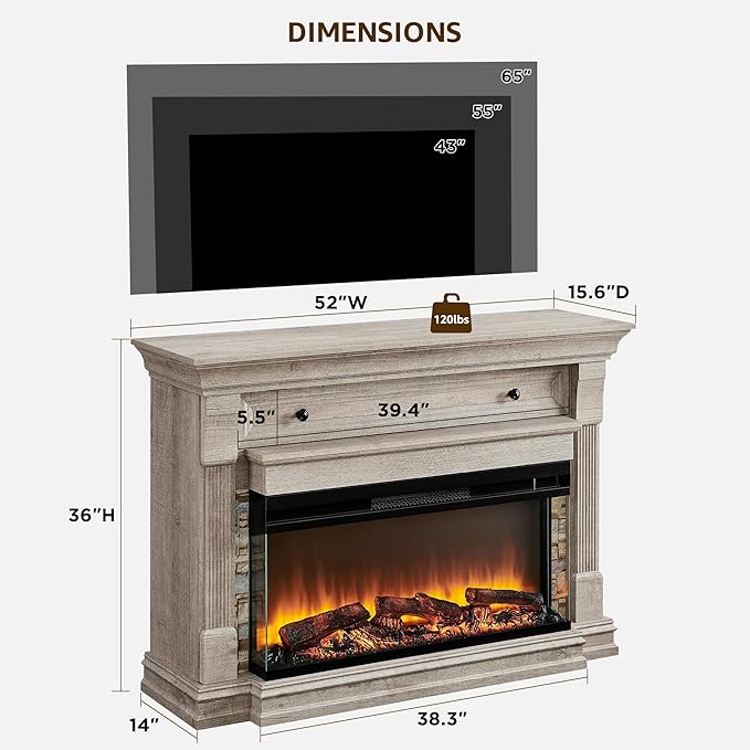 OKD 52 Inch Electric Fireplace with Mantel, Fireplace TV Stand with 36" 3-Sided Glass Electric Fireplace Heater for Living Room (Light Rustic Oak)