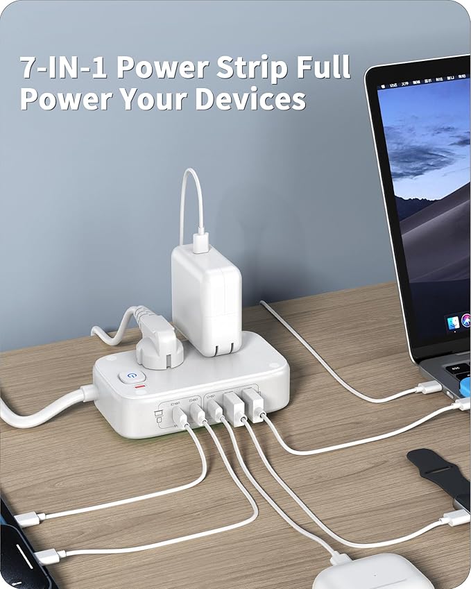 KWRNVO 7-in-1 Power Strip, 85W PD USB C Power Strip with 3 USB-C, 2 USB-A Ports and 2500W AC Outlet, Flat Plug Total 175W Essentials for Home/Office/College/Travel (White)