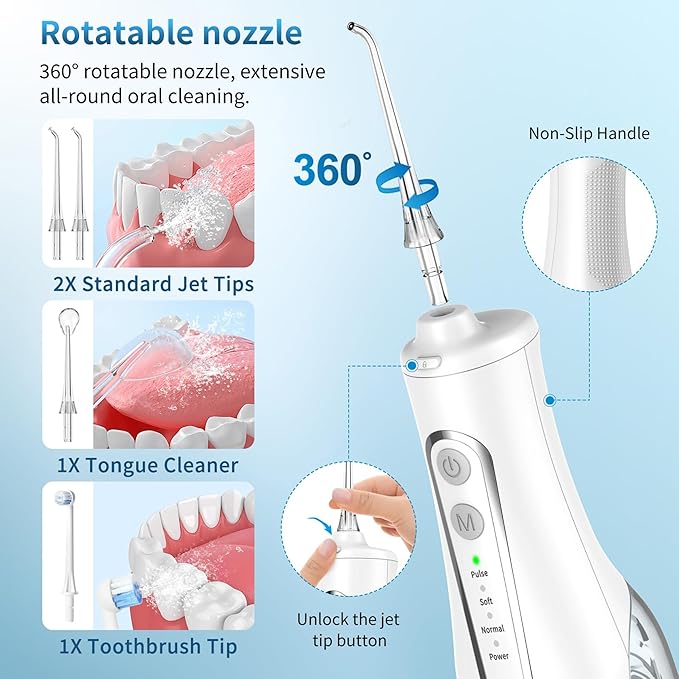 R REVA Cordless Oral Irrigator - 4 Modes Water Flosser for Teeth Cleaning, 300ML Reservoir, 360° Nozzle, IPX7 Waterproof, 2000mAh Rechargeable Battery, 4 Jet Tips, Smart Memory Function (M149 - White)