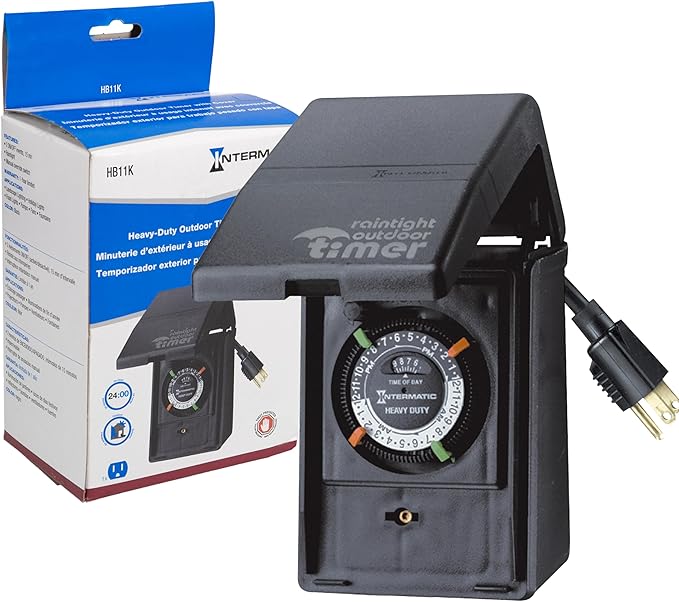 Intermatic HB11K Heavy-Duty Outdoor Plug-in Timer – 2 ON/2 Off Settings, 30-Min Minimum Intervals, Weatherproof Flip Cover, 15A/1800W, 1 HP Rated, 13" Cord – Ideal for Pool Pumps, Lights, Decorations
