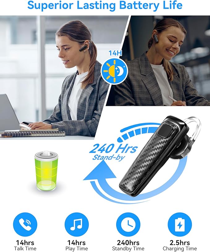 MQQC S525 Bluetooth 5.1 Wireless Earpiece, 16Hrs HD Calling, CVC8.0 Noise Cancelling, Hands-Free, Black