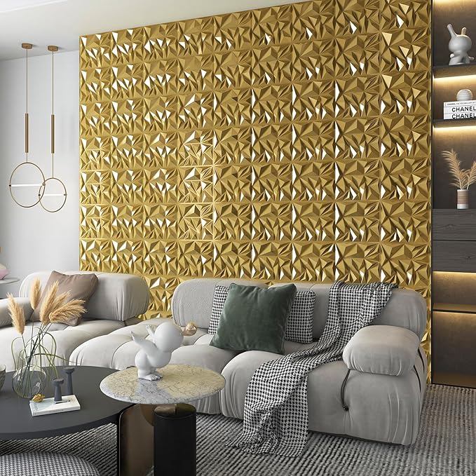 Art3d 33-Pack 3D Wall Panels for Interior Wall Decor, Diamond Textured Feature Wall Paneling for Gaming Living Room TV Wall Background Accent Wall - 12 x 12 inch Gold