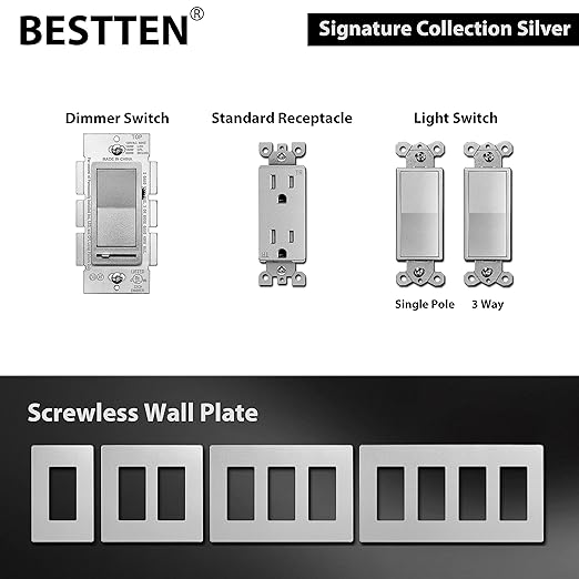 BESTTEN Matte Silver Dimmer Light Switch, Single Pole or 3-Way, Compatible with Dimmable LED, CFL, Incandescent and Halogen Bulb, 120VAC, Signature Collection Series, UL Listed