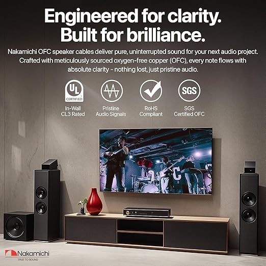 Nakamichi 14/2 (250-Foot) in-Wall & Direct Burial (UL CL2 CL3 Rated) Oxygen-Free Copper (OFC) 2-Conductor Speaker Cable Wire, Outdoor In-Ground, in-Ceiling, Riser, Black (14AWG / 250ft / 76.21m)