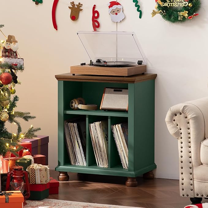Joaxswe Record Player Stand with Vinyl Record Storage, 24" Wide Mid-Century Record Player Table Up to 200 Albums,Large Wood Turntable Stand Cabinet Dispaly Shelf for Living Room,Bedroom,Green