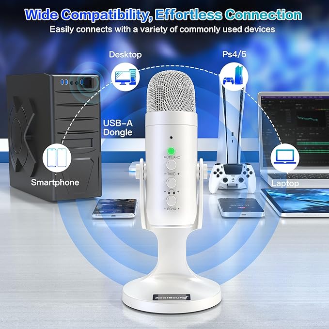 ZealSound Wireless Microphone,USB Mic for iPhone PC iPad Android Phone-Cordless Condenser Desktop Microphones with Mute Echo Monitor Volume Gain 2.4GHz for Podcast,ASMR,Gaming,YouTube Video/K66 White