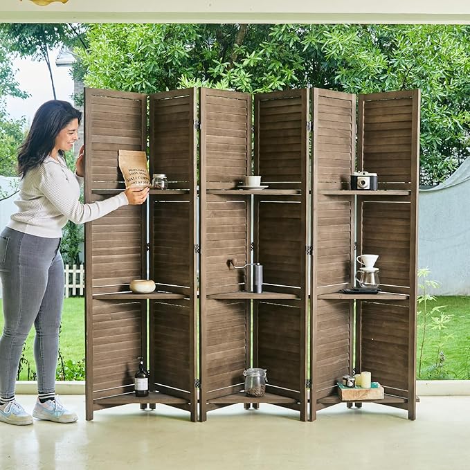 Partition Room Dividers, Folding Wood Privacy Screen with Three Display Shelves Suitable for Home Office, Study, Art Display - 6 Panel, 67 * 77inch (Brown)
