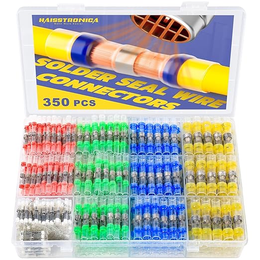 haisstronica 350PCS Solder Seal Wire Connectors,26-10 Gauge Marine Grade Heat Shrink Wire Connectors,Waterproof Butt Connectors,Butt Splice Eletrical Wire Connectors Kit(5Colors/5Sizes)