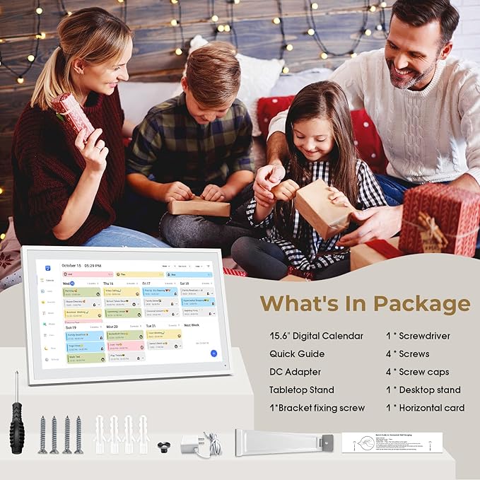 Digital Calendar, 15.6" Electronic Calendar For Wall, 1080P IPS Touchscreen Smart Family Planner& Chore Chart, Two - Way Sync With Phones Supports All Google Play Apps, Wall/Desk Mountable