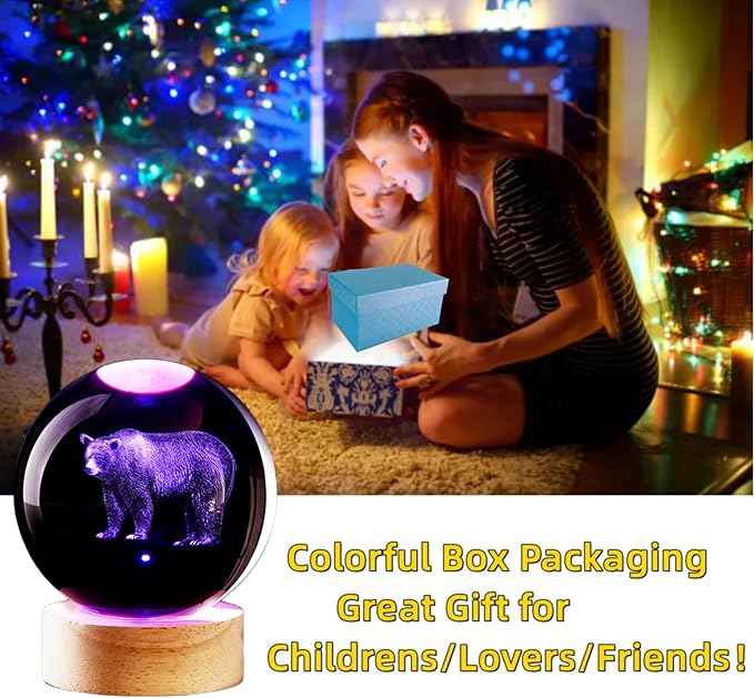 3D Crystal Ball Lamp with Lifelike LED Bear, 16 Color Changing Light, Dimmable Remote Control