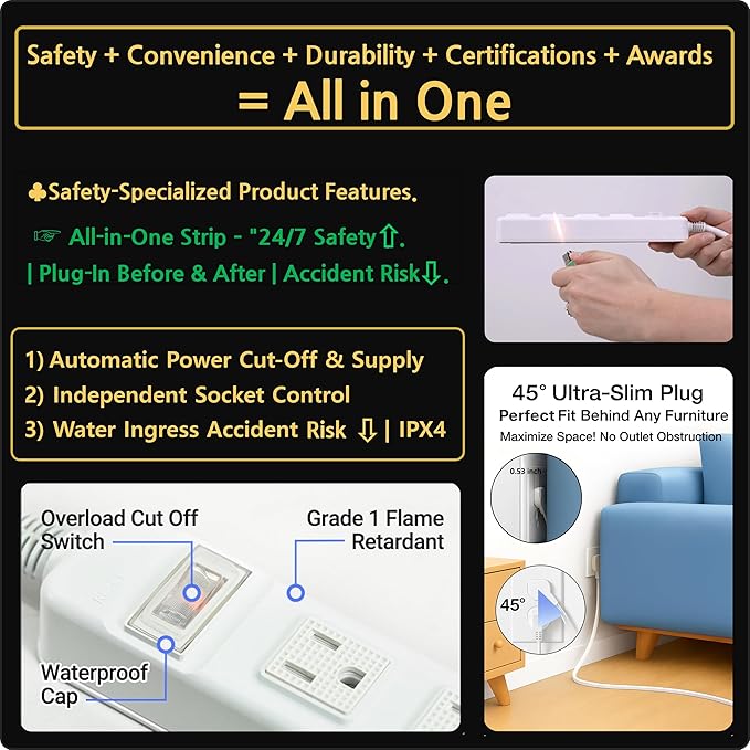 S.O.V Splashproof IPX4 Power Strip, Patented Zero-Current Auto Shut Off, ETL Listed, 4-Outlet Flat Plug, White, 5ft Cord